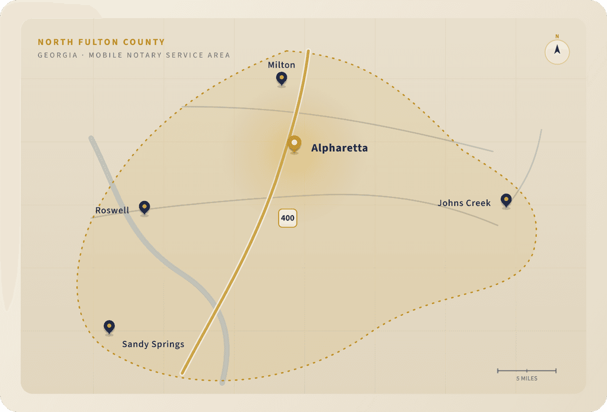 North Fulton County Georgia mobile notary service area map with Alpharetta, Roswell, Milton, Johns Creek, and Sandy Springs